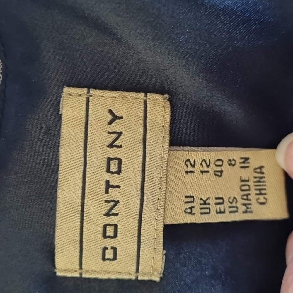 Contony, silk black/tan with lace detail dress, button-up back, v-neck, size 12 - Picture 9 of 10